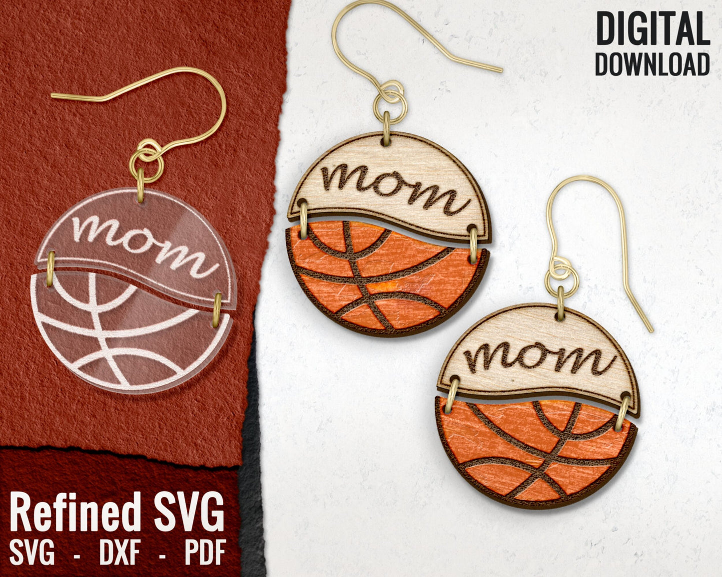 Basketball Mom Hair Clips SVG + Matching Earring File Set, Basketball Mom Claw Clip SVG, Sports Hair Clip Laser File, Hair Claw Template