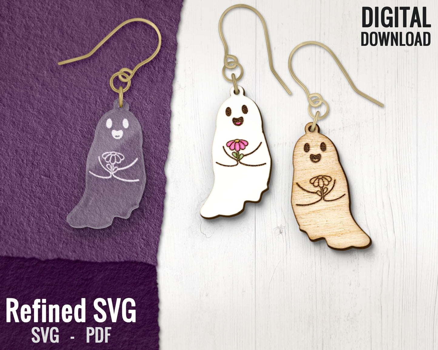 Ghost Earrings SVG Bundle, 4 Pairs of Ghost Earring Files holding Objects, Ghost Earring SVG Bundle, Halloween Earring SVG Bundle, Glowforge