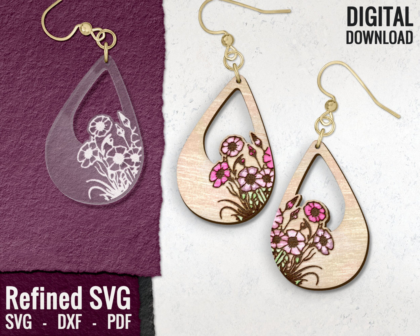 Beautiful Flowers Earrings SVG Bundle, 4 Pairs of Flower Earring Files, Flower Laser Earring Set, Peonies, Daffodil Rose Earring SVG Bundle