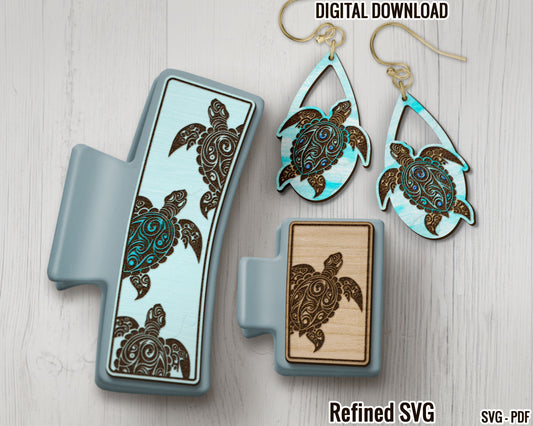 Turtle Hair Clips SVG + Matching Earring File Set, Turtle Laser Hair Claw, Glowforge Hair Clip, Claw Clip Laser File, Hair Clip SVG File