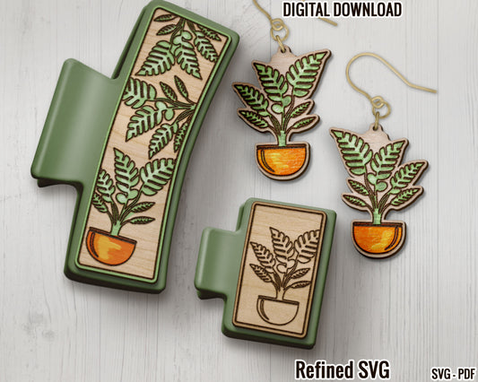 Plant Hair Clips SVG + Matching Earring File Set, Houseplant Laser Hair Claw, Glowforge Hair Clip, Claw Clip Laser File, Hair Clip SVG File