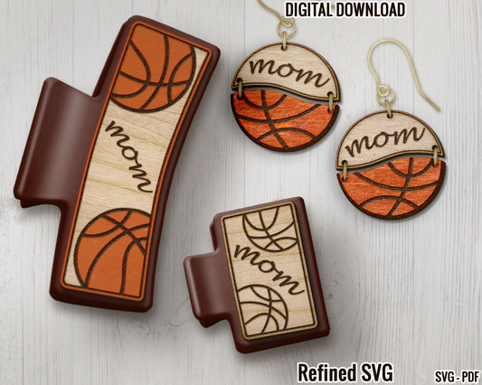 Basketball Mom Hair Clips SVG + Matching Earring File Set, Basketball Mom Claw Clip SVG, Sports Hair Clip Laser File, Hair Claw Template