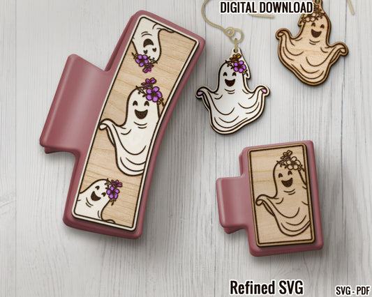 Lovely Ghost Hair Clips + Matching Earring SVG File Set, Ghost Hair Clip Files + Earring SVG Files, Ghost Set of Claw Hair Clip Laser Design