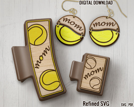 Tennis Mom Hair Clips SVG + Matching Earring File Set, Tennis Claw Clip SVG, Sports Hair Clip Laser File, Tennis Mom Hair Claw Template