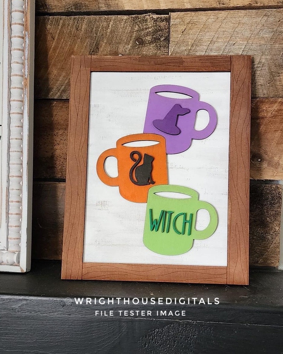 Halloween Stacked Coffee Mugs Farmhouse Frame Sign Bundle - Tiered Tray Decor and DIY Kits - Cut File For Glowforge Laser - Digital SVG File