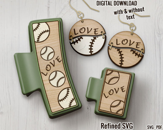 Baseball Love Hair Clips SVG, Matching Baseball Earring File Set, Baseball Claw Clip SVG, Baseball Hair Clip File, Sports Hair Claw Template