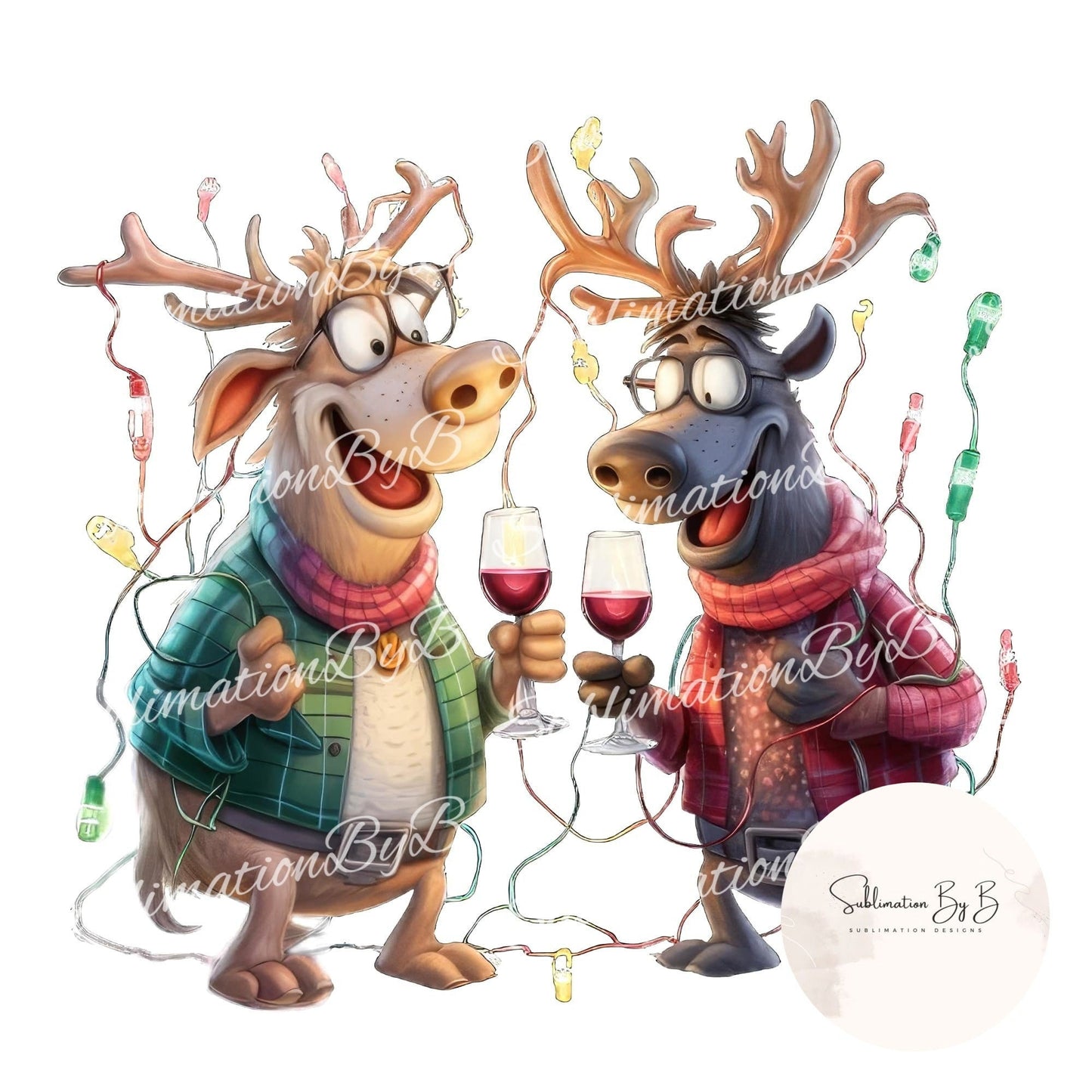 Wine drinking Whimsical Reindeer Glow: Christmas Lights Sublimation Bundle