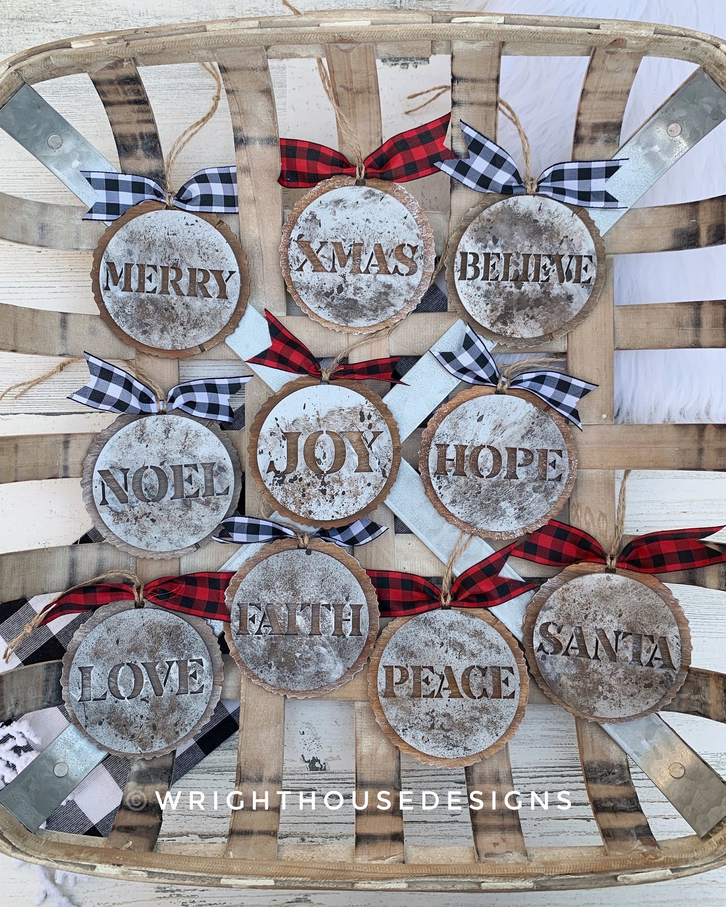 Rustic Farmhouse Stencil Wood Slices Layered Christmas Ornament Bundle - Quick Cut File For Glowforge Lasers - Digital SVG File