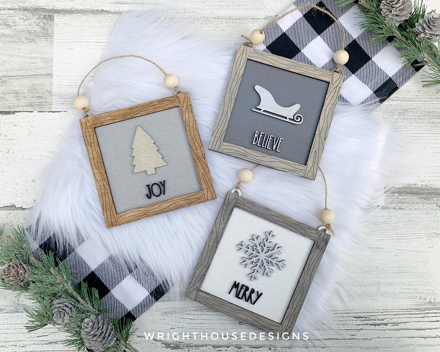 Farmhouse Frame Ornaments - Layered Christmas Square Signs - Winter Tier Tray Decor - Cut File For Glowforge Lasers - Digital SVG File