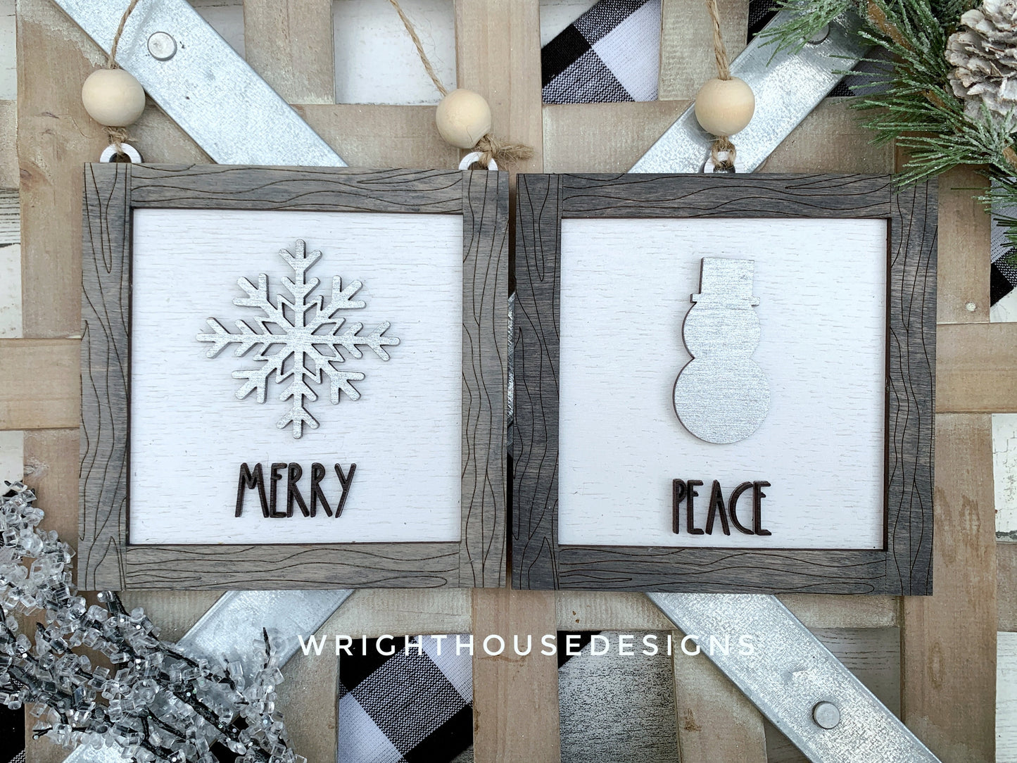 Farmhouse Frame Ornaments - Layered Christmas Square Signs - Winter Tier Tray Decor - Cut File For Glowforge Lasers - Digital SVG File