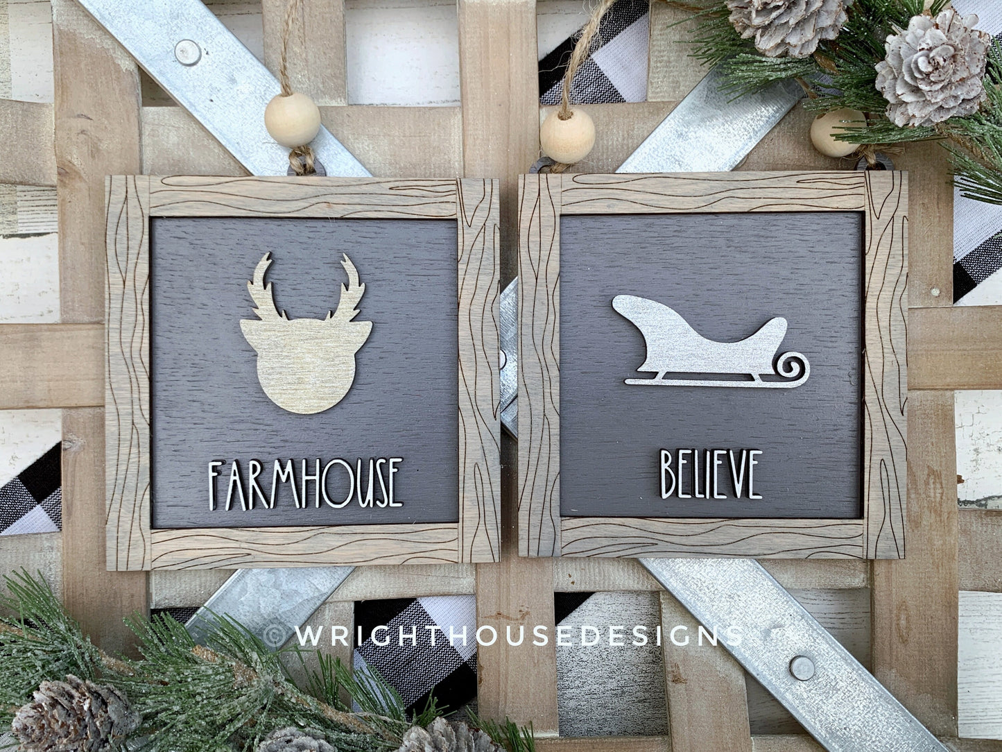 Farmhouse Frame Ornaments - Layered Christmas Square Signs - Winter Tier Tray Decor - Cut File For Glowforge Lasers - Digital SVG File