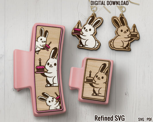 Birthday Cake Rabbit Hair Clips SVG File, Matching Rabbit Earrings, Rabbit Matching Earring File Set, Birthday Claw Clip SVG, Hair Clip File