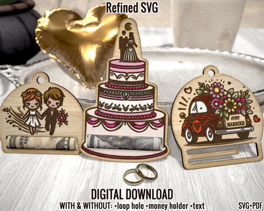 Wedding Money Holder SVG, 3 Wedding Money Clip SVG, Just Married Cash Holder SVG, Bridal Couple Wedding Cake Money Holder Ornament File