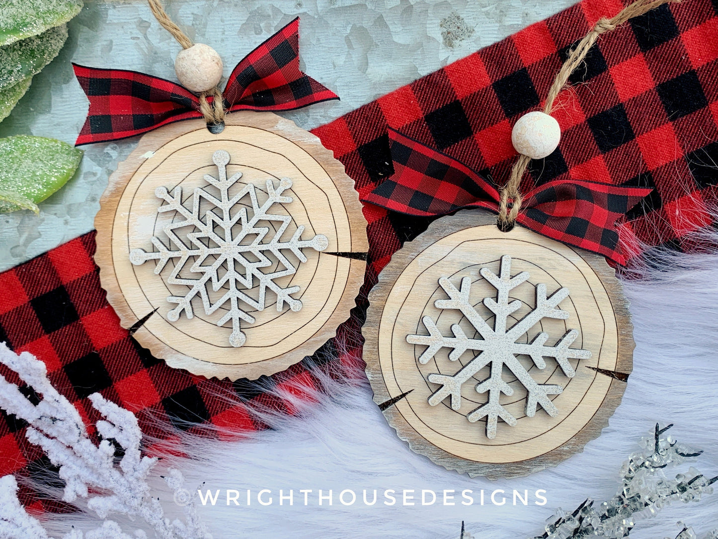 Rustic Snowflake Wood Slices - Layered Christmas Ornament Bundle - Quick Cut and Score File For Glowforge Lasers - Digital SVG File