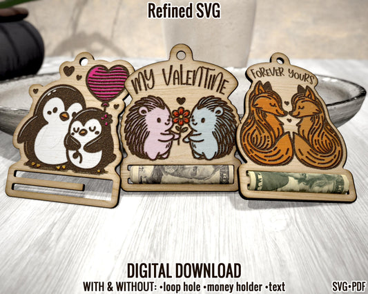 Valentine's Day Money Holder SVG, 3 Valentine Money Clip SVG, Animals Cash Holder SVG, Money Holder Ornament File, Money Ornament File