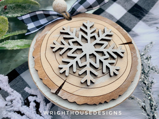 Rustic Snowflake Wood Slices - Layered Christmas Ornament Bundle - Quick Cut and Score File For Glowforge Lasers - Digital SVG File