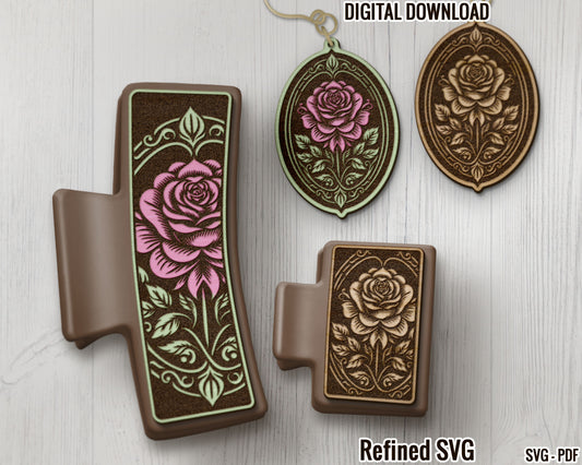 Rose Reverse Engraved Hair Clips, Matching Earring SVG File Set, Roses 2 Hair Clip Files + Earring SVG Files, Set of Claw Hair Clip Files