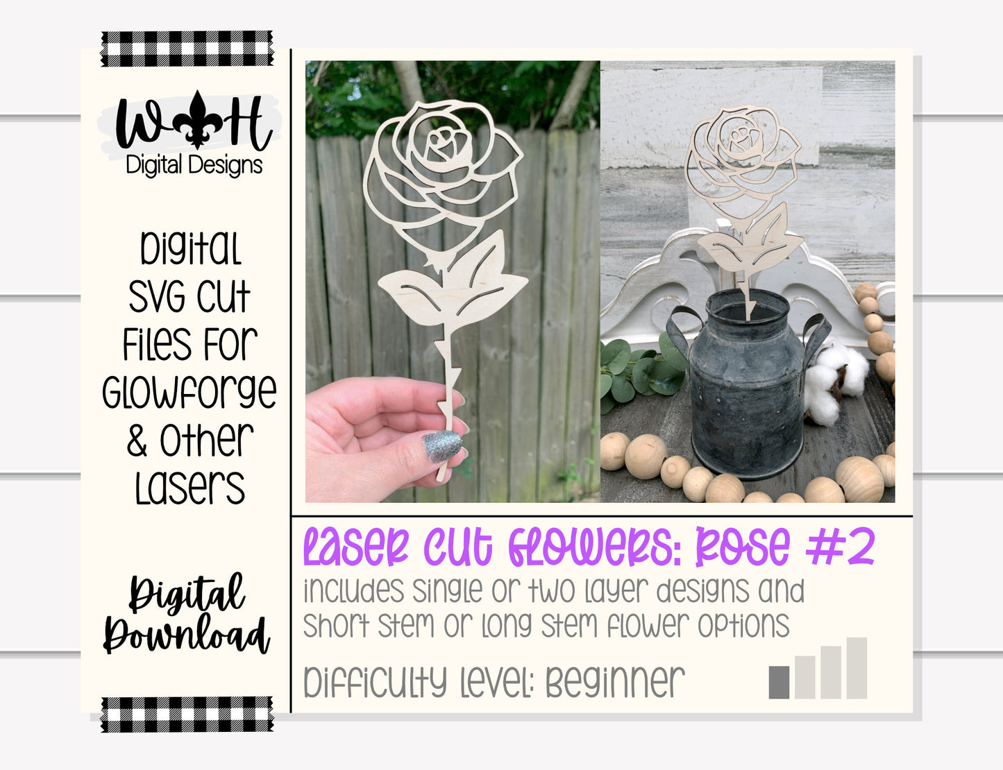 Rose Two Wooden Laser Cut Flowers - Simple Diy Florals For Bouquets - Files for Sign Making - SVG Cut File For Glowforge - Digital File