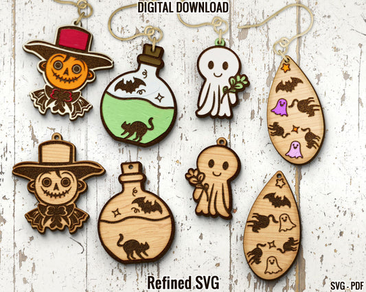 Halloween Earrings SVG Bundle, 4 Pairs of Halloween Earring Files, Ghost Scarecrow Laser Earring Set, Earring SVG Bundle, Earring Cut Files