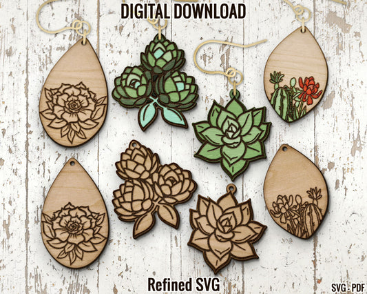 Succulent Earrings SVG Bundle, 4 Pairs of Succulent Earring Files, Cactus Laser Earring Set, Succulent Earring SVG Bundle, Earring Cut Files