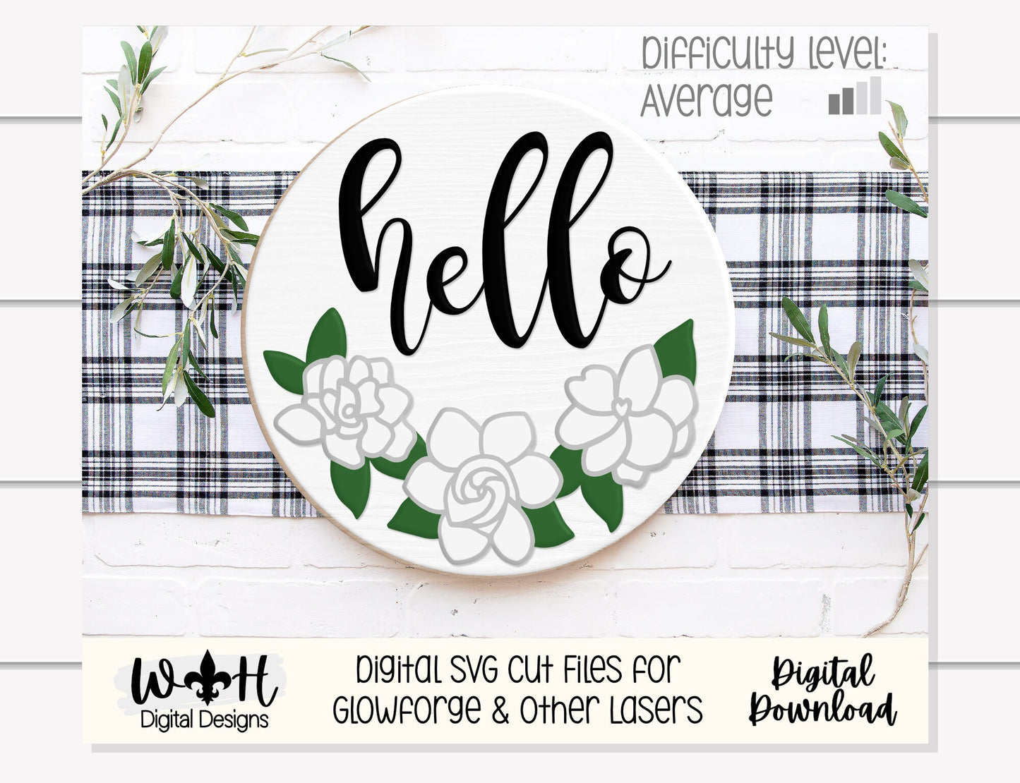 Hello Gardenia Florals - Seasonal Shelf Sitter - Spring Sign Making and DIY Kits - Layered Cut File For Glowforge Laser - Digital SVG File