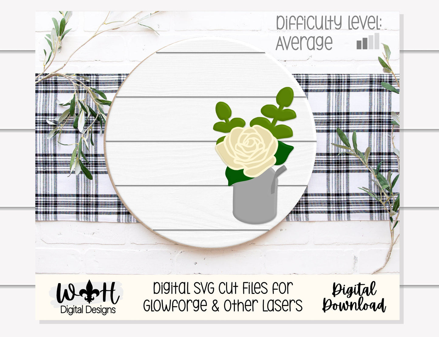 Rustic Farmhouse Rose and Eucalyptus Floral Shelf Sitter Round - Sign Making and DIY Kits - Cut File For Glowforge Lasers - Digital SVG File