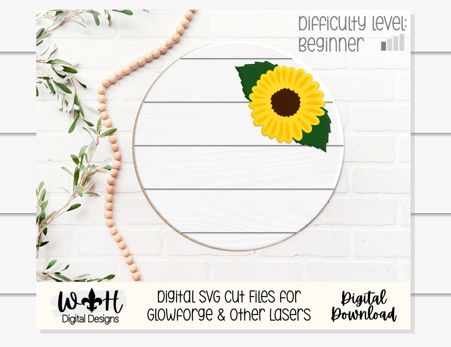 Sunflower Simple Floral Shelf Sitter Sign - Round Sign Making and DIY Kits - Beginner Cut File For Glowforge Lasers - Digital SVG File