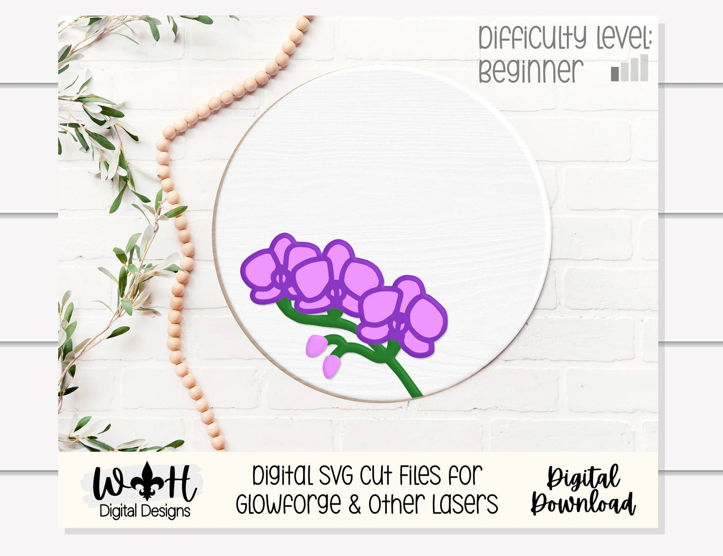 Orchid Simple Floral Shelf Sitter Sign - Round Sign Making and DIY Kits - Beginner Cut File For Glowforge Lasers - Digital SVG File