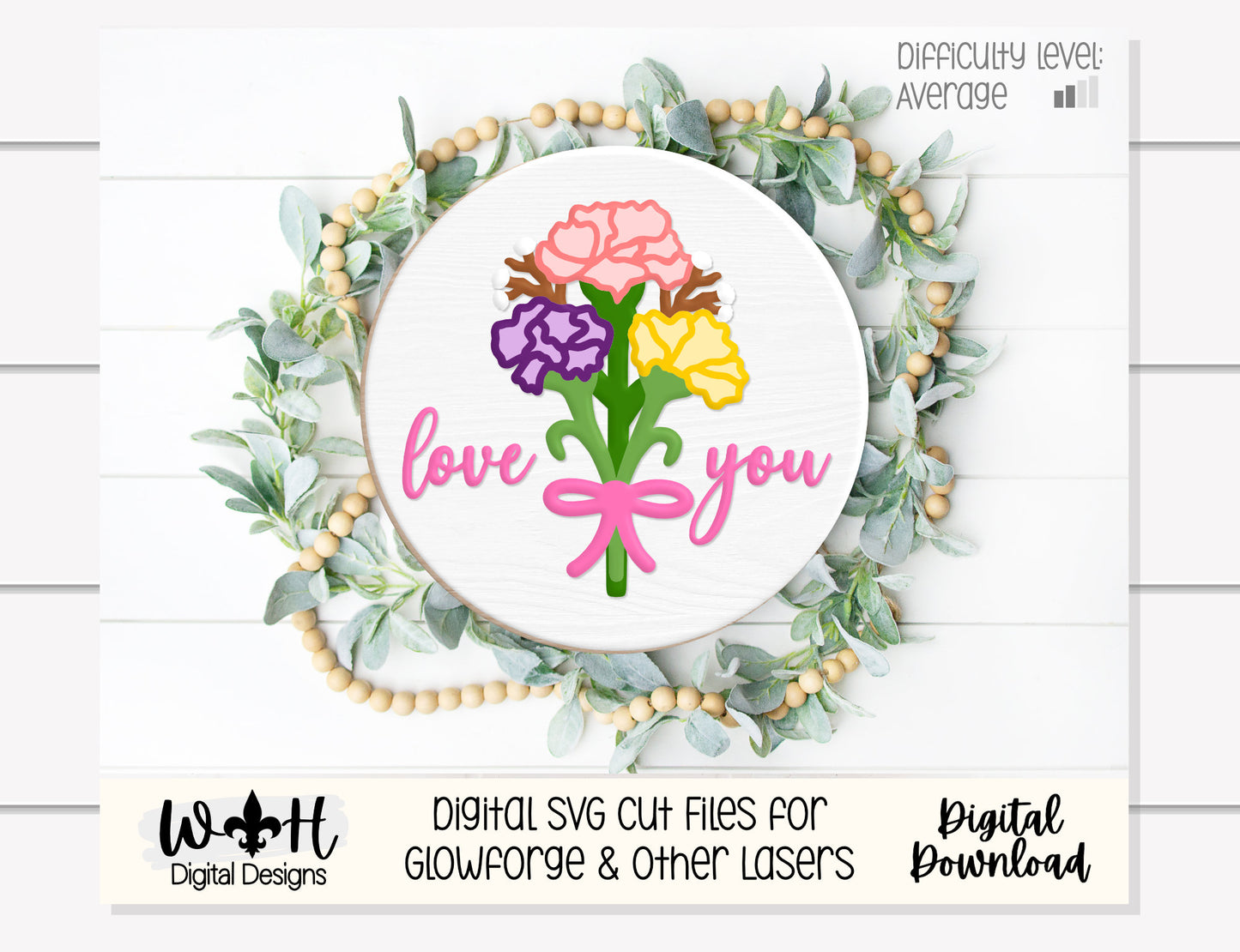 Carnation Bouquet Shelf Sitter Round - Spring Floral Sign Making and DIY Kits - Single Line Cut File For Glowforge Laser - Digital SVG File