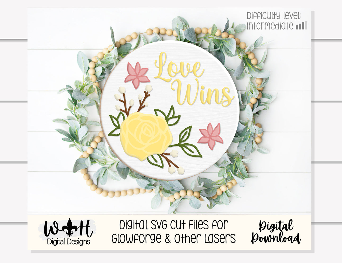 Love Wins Rose Valentines Round Sign - Spring Floral Sign Making and DIY Kits - Single Line Cut File For Glowforge Laser - Digital SVG File