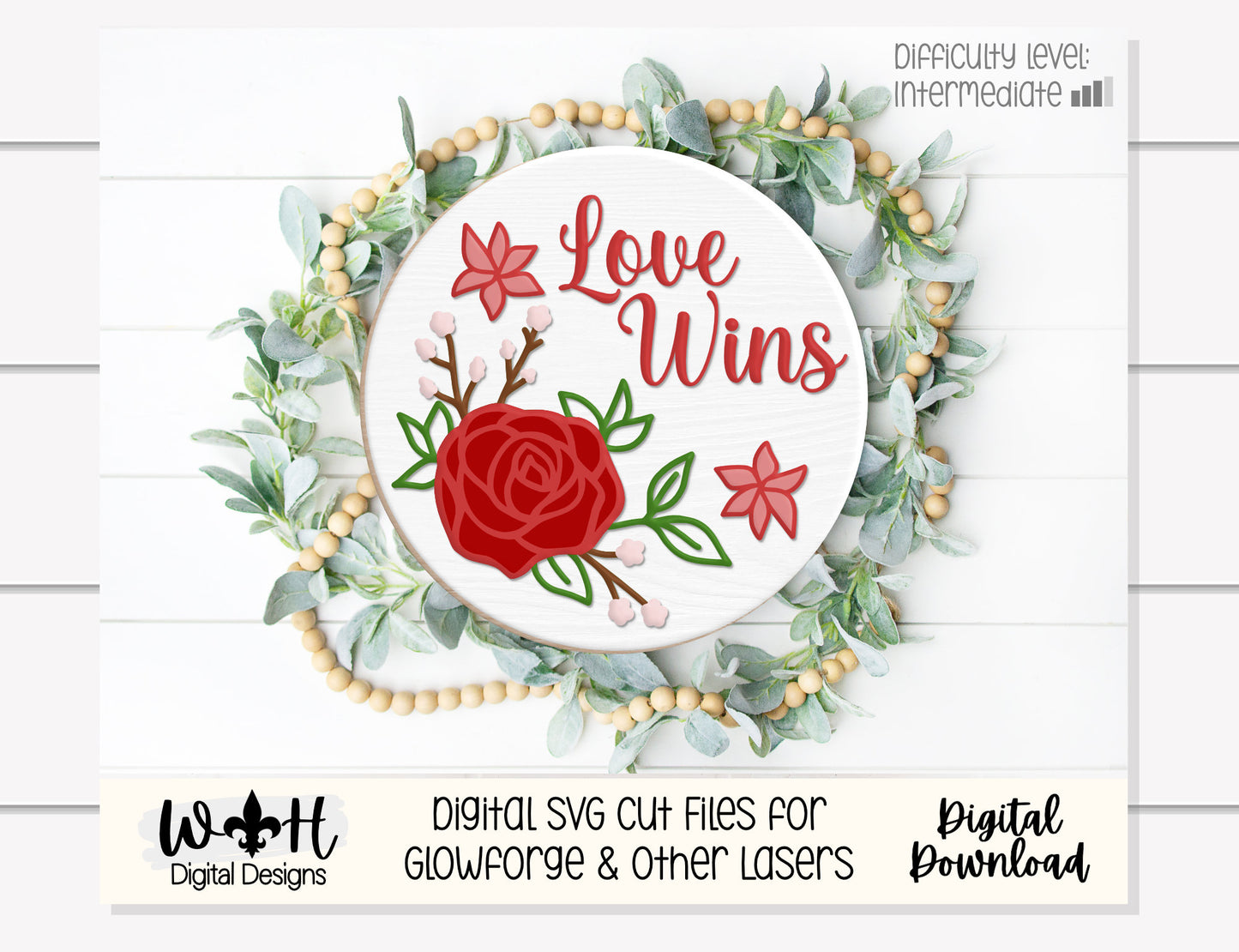 Love Wins Rose Valentines Round Sign - Spring Floral Sign Making and DIY Kits - Single Line Cut File For Glowforge Laser - Digital SVG File