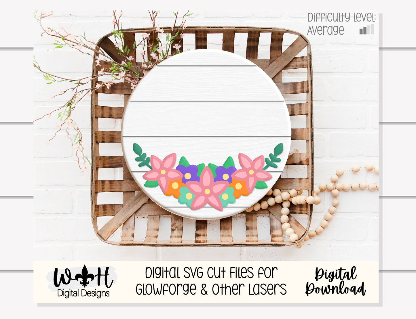 A Necklace of Spring Flowers Round Door Hanger - Spring Floral Sign Making and DIY Kits - Cut File For Glowforge Laser - Digital SVG File