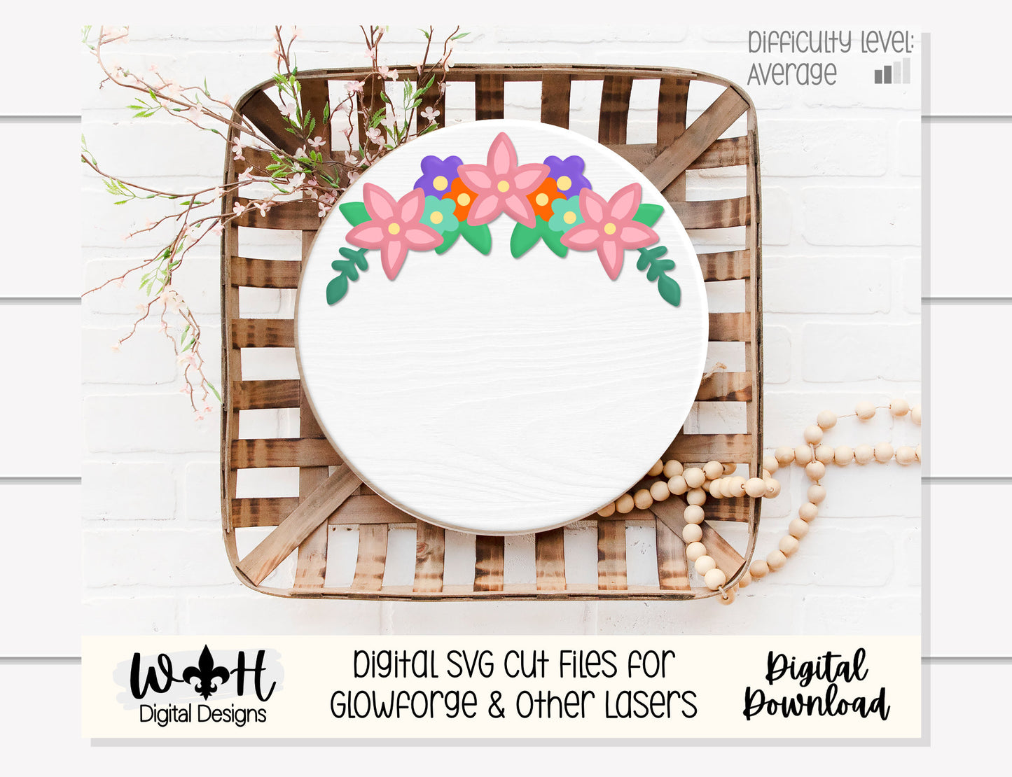 A Crown of Spring Flowers Round Door Hanger - Spring Floral Sign Making and DIY Kits - Cut File For Glowforge Laser - Digital SVG File