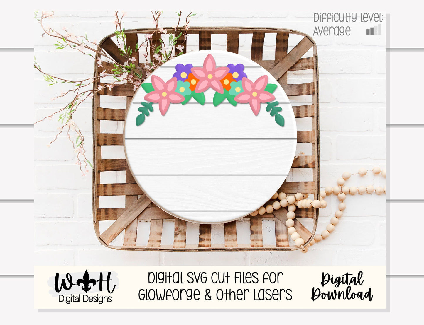 A Crown of Spring Flowers Round Door Hanger - Spring Floral Sign Making and DIY Kits - Cut File For Glowforge Laser - Digital SVG File