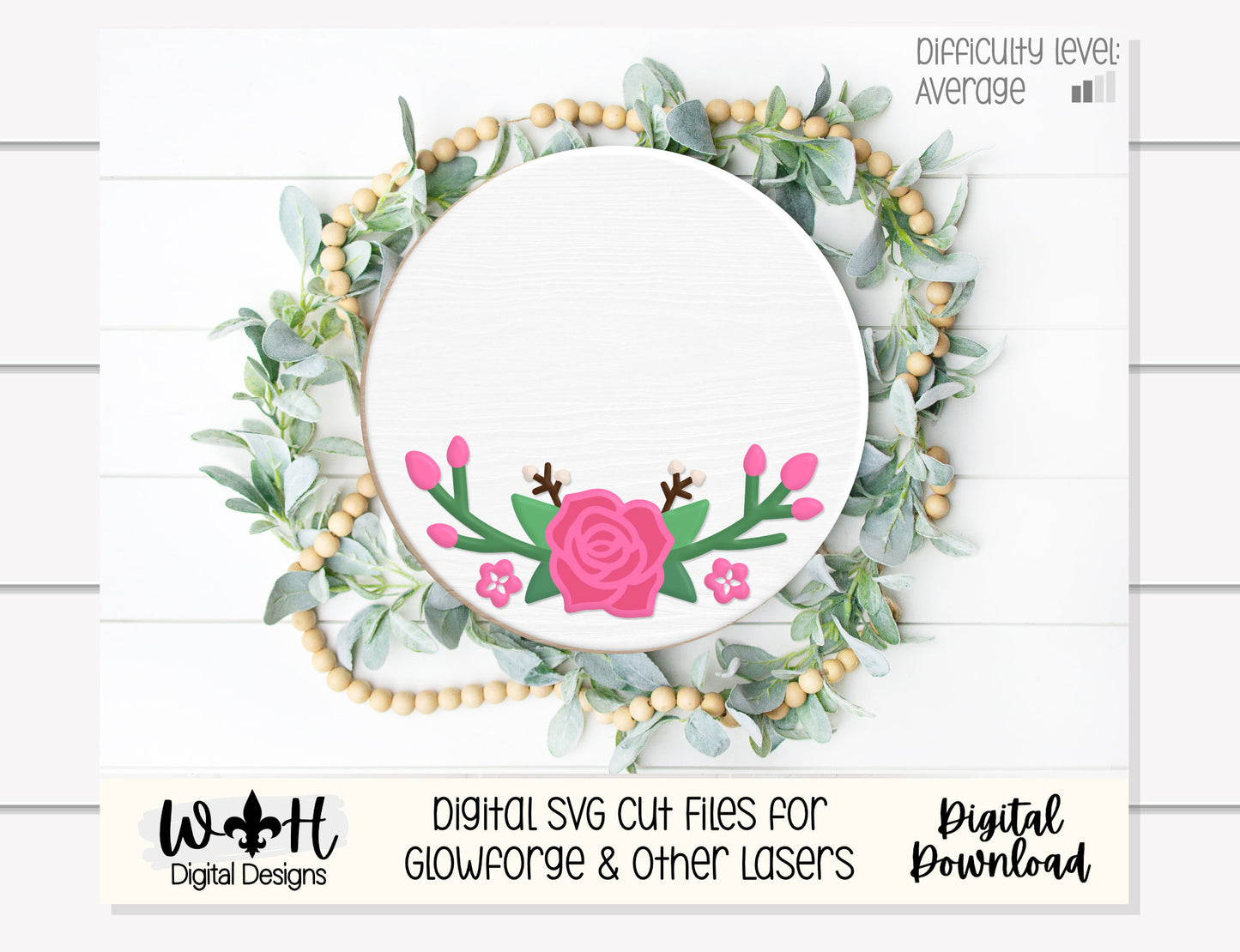 Spring Rose and Rosebud Door Hanger Round - Spring Floral Sign Making and DIY Kits - Cut File For Glowforge Laser - Digital SVG File