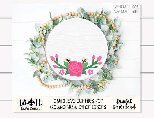 Spring Rose and Rosebud Door Hanger Round - Spring Floral Sign Making and DIY Kits - Cut File For Glowforge Laser - Digital SVG File