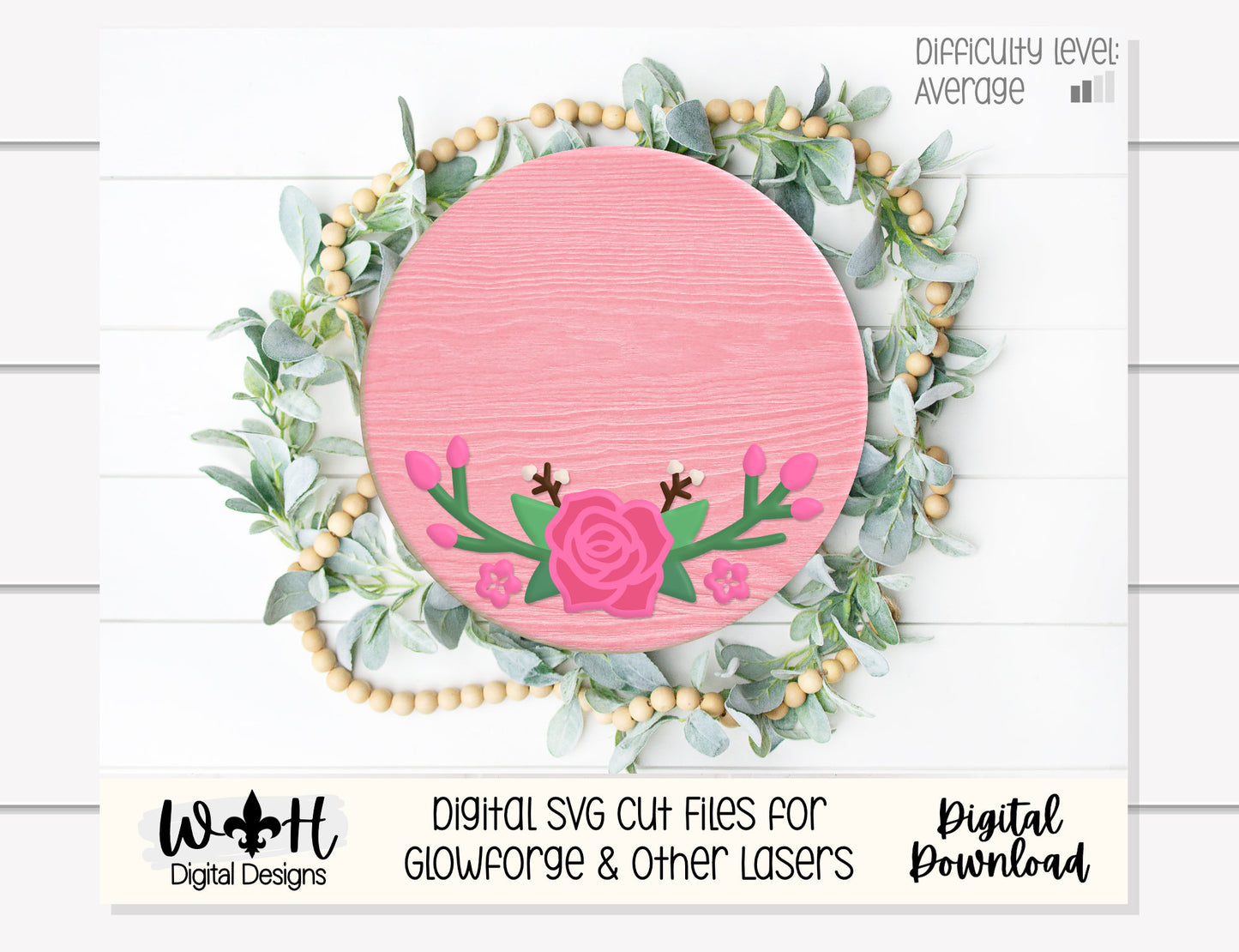 Spring Rose and Rosebud Door Hanger Round - Spring Floral Sign Making and DIY Kits - Cut File For Glowforge Laser - Digital SVG File