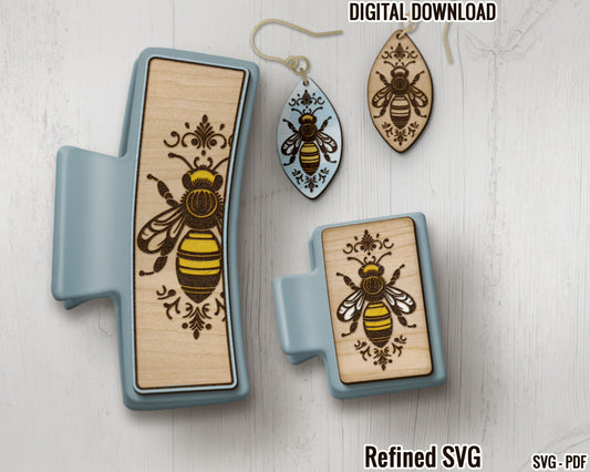 Honeybee Hair Clips SVG, Matching Earring File Set, Bee Laser Hair Claw SVG, Bee Hair Clip SVG , Bee Claw Clip Laser File, Honeybee Clip
