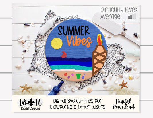 Summer Vibes Tiki Bonfire Beach Door Hanger Round - Sign Making and DIY Kits - Cut File For Glowforge Lasers - Digital SVG File