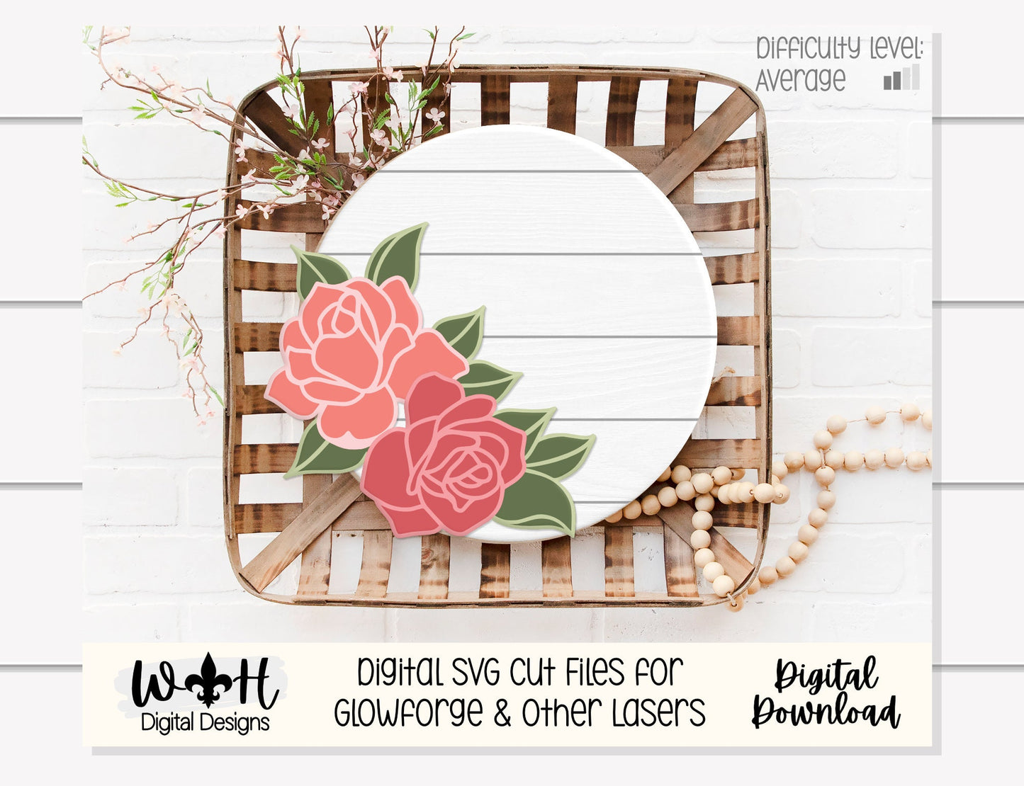 Thin Double Roses Door Hanger - Spring Floral For Sign Making and DIY Kits - Single Line Cut File For Glowforge Laser - Digital SVG File