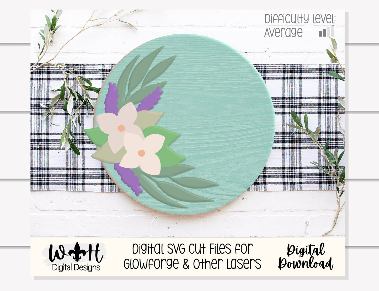 Lavender and Sage Farmhouse Floral Round - Spring Sign Making and DIY Kits - Single Line Cut File For Glowforge Laser - Digital SVG File