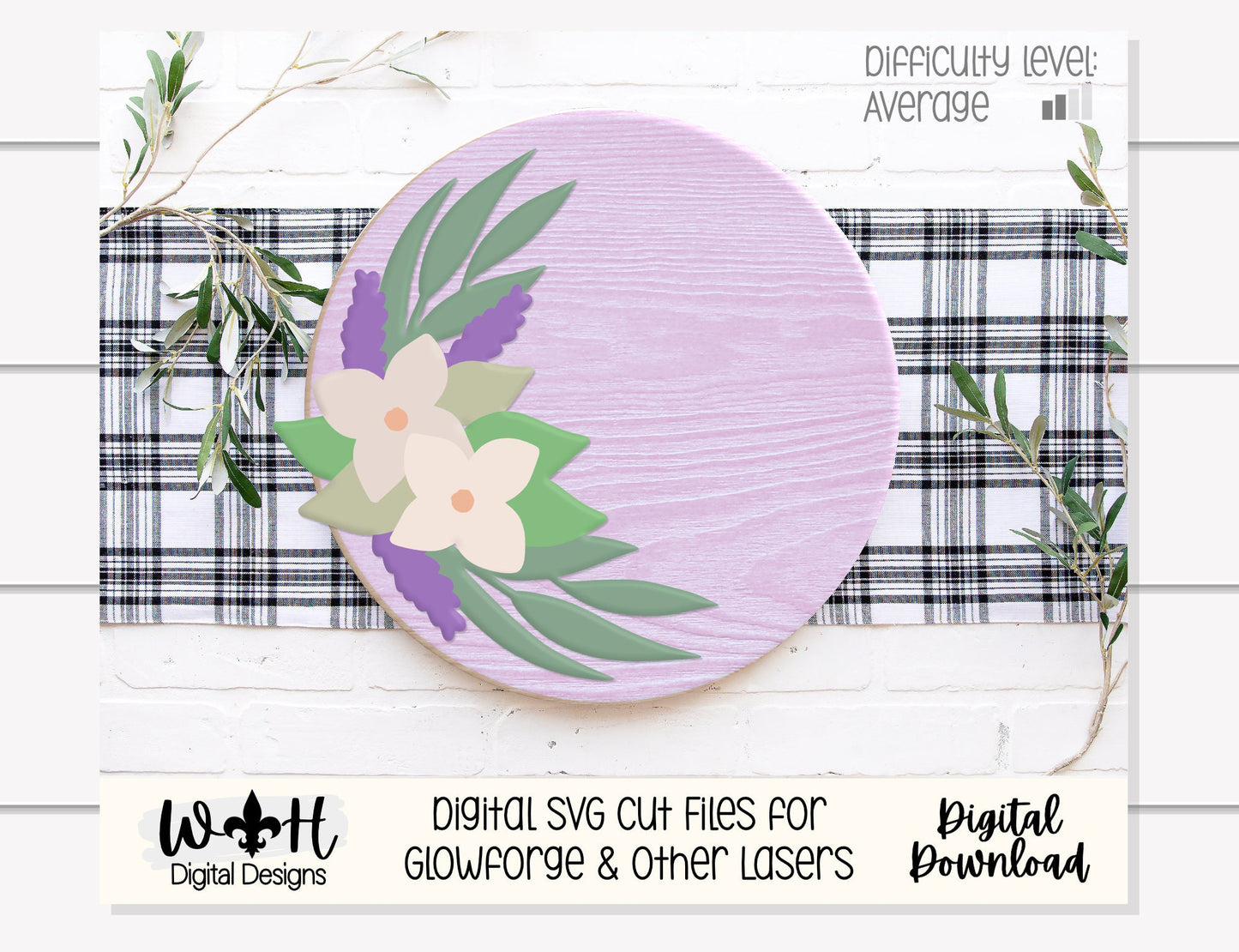 Lavender and Sage Farmhouse Floral Round - Spring Sign Making and DIY Kits - Single Line Cut File For Glowforge Laser - Digital SVG File