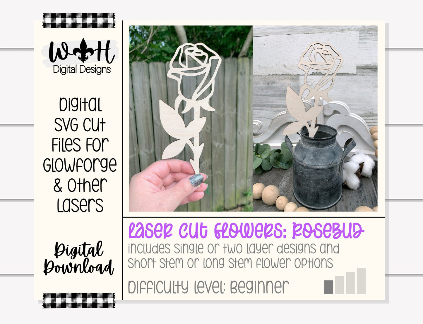 Rosebud Wooden Laser Cut Flowers - Simple Diy Florals For Bouquets - Files for Sign Making - SVG Cut File For Glowforge - Digital File