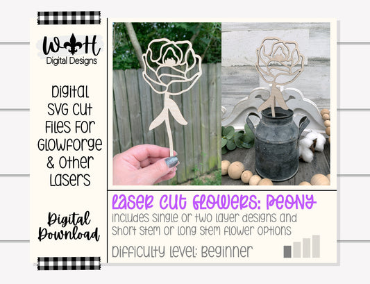 Peony Wooden Laser Cut Flowers - Simple Diy Florals For Bouquets - Files for Sign Making - SVG Cut File For Glowforge - Digital File