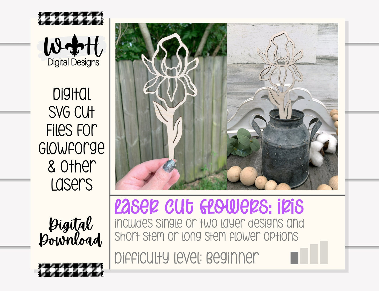 Iris Wooden Laser Cut Flowers - Simple Diy Florals For Bouquets - Files for Sign Making - SVG Cut File For Glowforge - Digital File