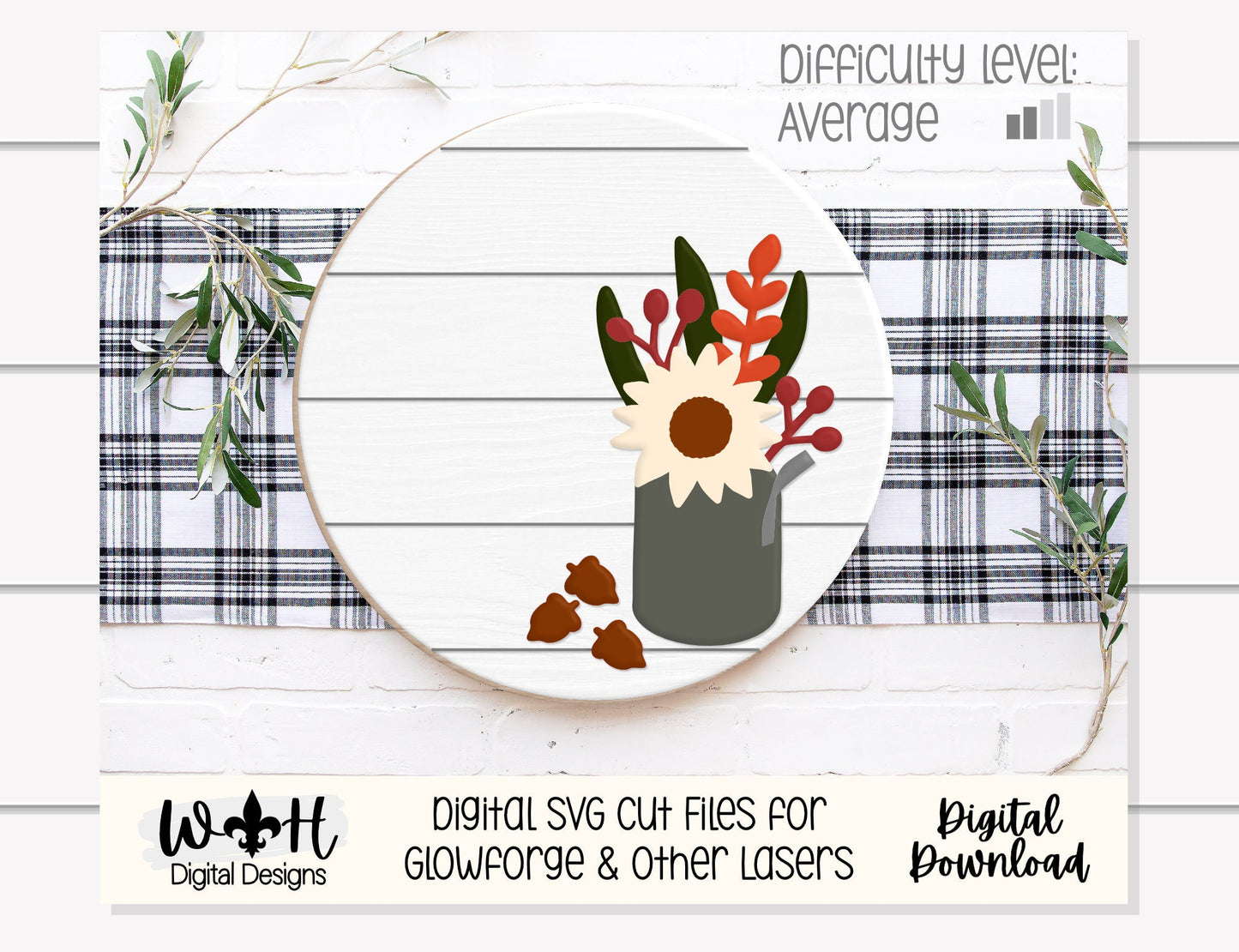 Rustic Farmhouse Sunflower Fall Foliage Shelf Sitter - Seasonal Sign Making and DIY Kits - Cut File For Glowforge Lasers - Digital SVG File