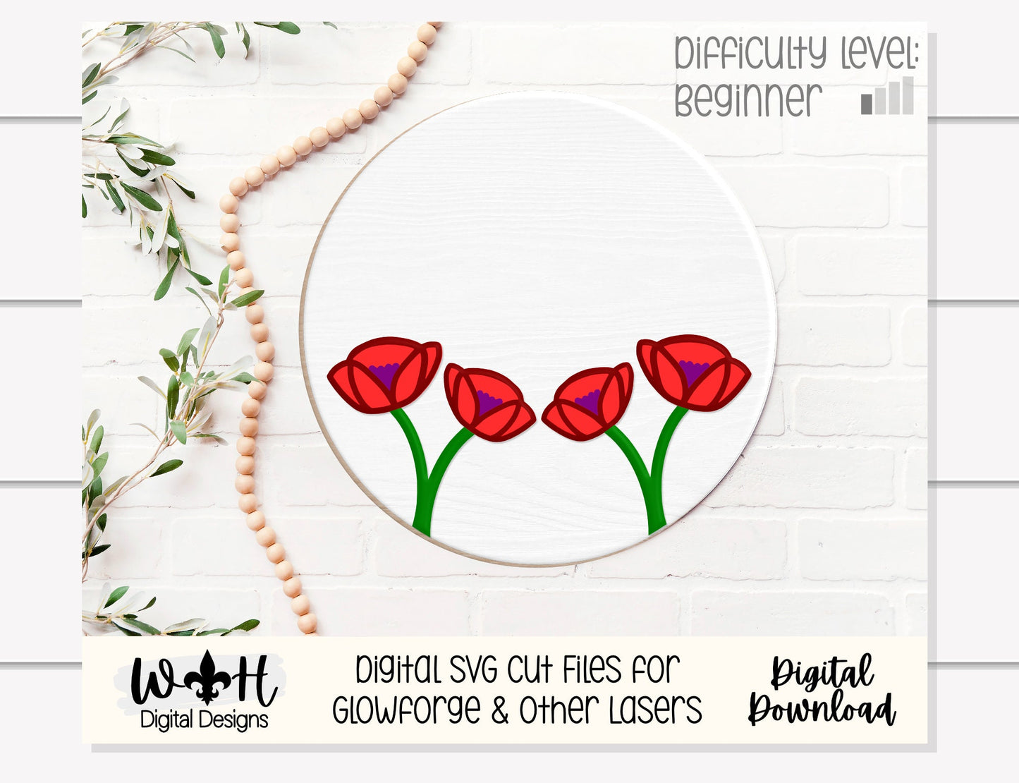 Poppy Flower Simple Floral Shelf Sitter Sign - Round Sign Making and DIY Kits - Beginner Cut File For Glowforge Lasers - Digital SVG File