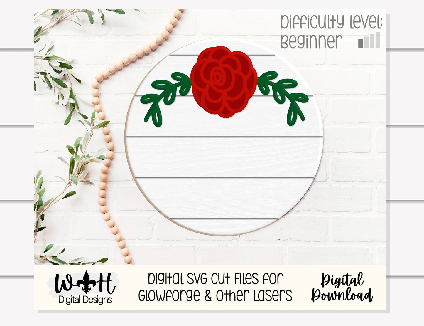 Rose Simple Floral Shelf Sitter Sign - Round Sign Making and DIY Kits - Easy Beginner Cut File For Glowforge Lasers - Digital SVG File