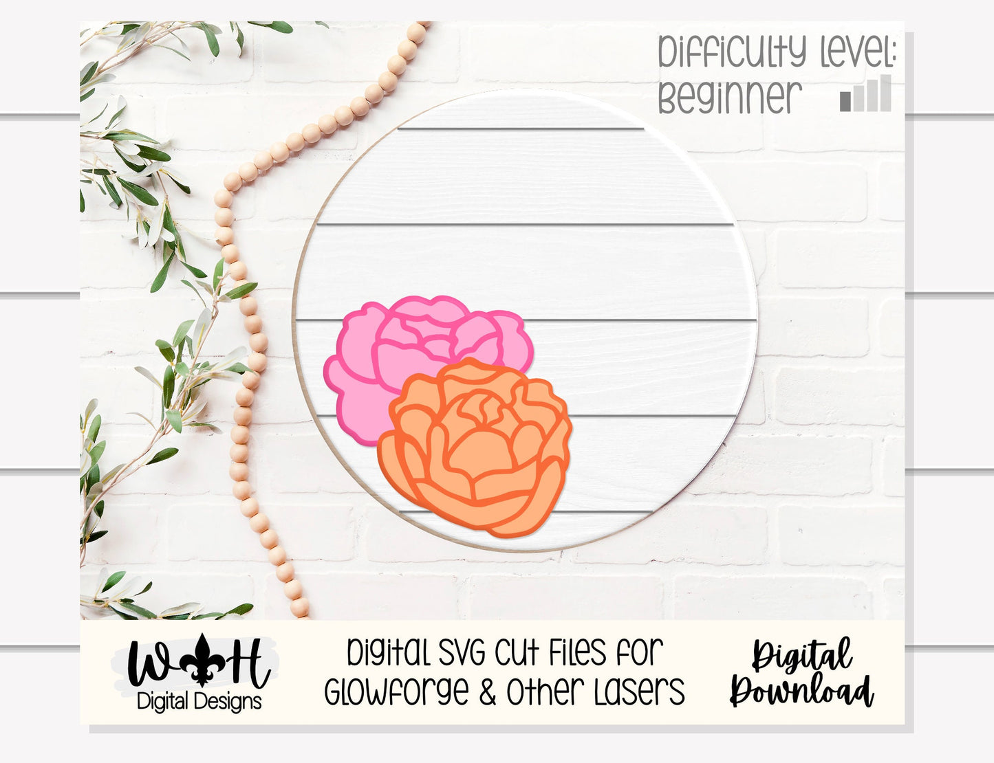 Peony Simple Floral Shelf Sitter Sign - Round Sign Making and DIY Kits - Beginner Cut File For Glowforge Lasers - Digital SVG File