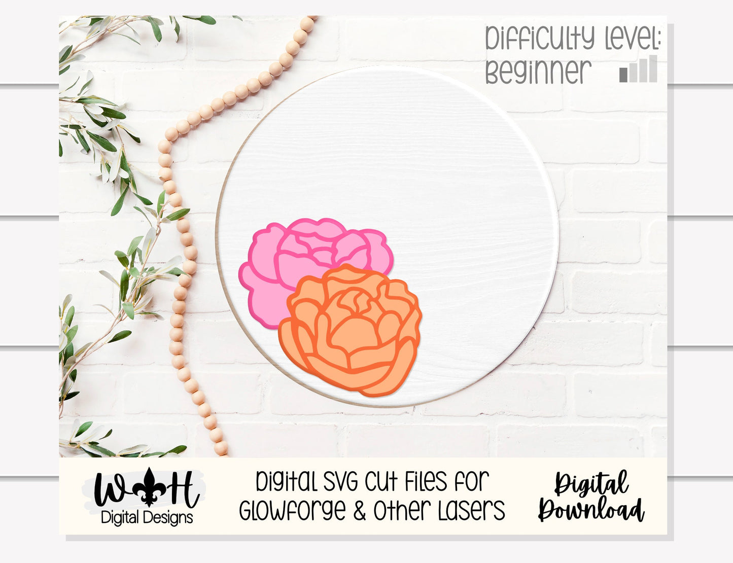 Peony Simple Floral Shelf Sitter Sign - Round Sign Making and DIY Kits - Beginner Cut File For Glowforge Lasers - Digital SVG File